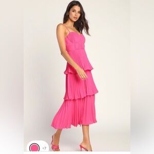 Lulus Cascading Crush Hot Pink Tiered Bustier MIDI Dress